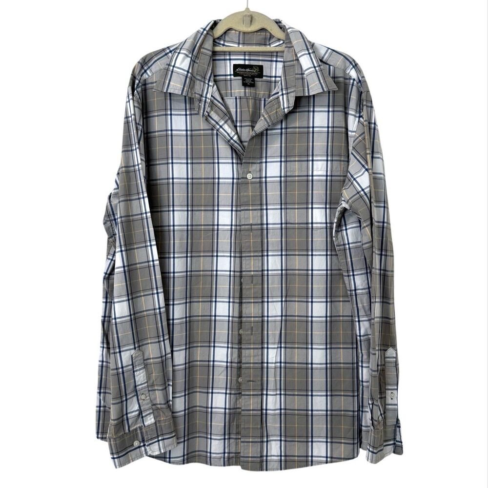 Eddie Bauer Classic Fit Button Down Shirt Mens XL Gray Blue Plaid 100% Cotton‎